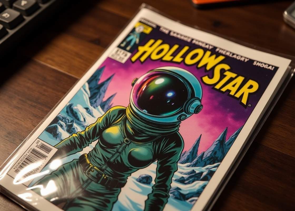 A bagged and boarded comic book photographed from above on a wooden desk